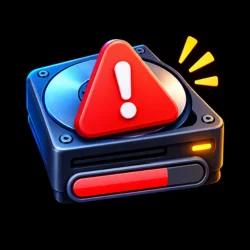 A hard drive with a red exclamation mark indicating a warning or error status.