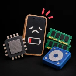 An assortment of electronic gadgets featuring a cell phone, battery, and additional devices arranged neatly.