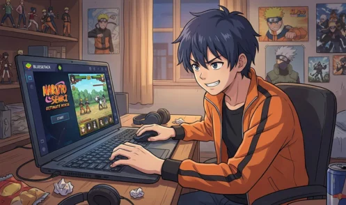 Anime boy engaged in video gaming on his laptop, showcasing a lively gaming environment with various decorations.